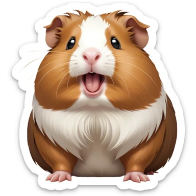 Cinematic Cute Yawning Brown and White Banded Guinea Pig Portrait Emoji, Head tilted slightly with a dramatic, wide-open yawn, revealing a soft, banded fur of brown and white with tiny, droopy ears, round dark eyes barely open in drowsy contentment, Simplified yet irresistibly adorable features, highly detailed, glowing with a soft, cozy glow, high shine, relaxed yet expressive, stylized with a touch of whimsy, bright and endearing, soft glowing outline, capturing the essence of a sleepy yet affectionate guinea pig, so drowsy it feels like it could stretch out of the screen and curl up for a nap! sticker