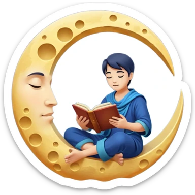 human mystic character reading alchemy book under giant floating moon sticker