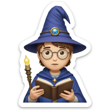 ["A sad boy with light skin, straight hair, wearing a wizard hat and round glasses, dressed in punk fashion, is reading a book while holding a phone."] sticker