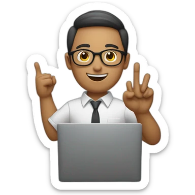 man wearing glasses and holding a computer in his right hand and signaling OK with his left hand sticker