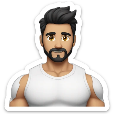 close up of white skin indian in plain white shirt with sleeve up and quiff black hair style and beard and muscle body sticker