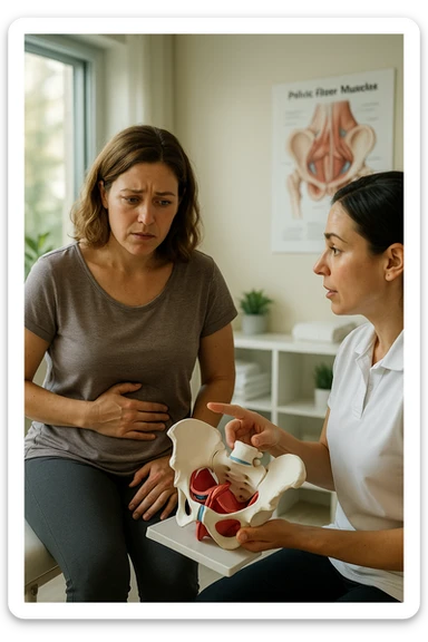 A realistic, cinematic illustration of a woman in her mid-30s with a thoughtful, slightly worried expression, sitting in a bright, modern physiotherapy clinic. She is wearing comfortable leggings and a loose top, with one hand resting gently on her lower abdomen, indicating discomfort. The scene shows a caring female pelvic floor physiotherapist explaining with a pelvis anatomical model, while the woman listens attentively but visibly concerned. In the background, soft natural light enters through the window, and an anatomical poster of pelvic floor muscles is visible on the wall. The environment is warm, clean, and reassuring, emphasizing the sensitivity of pelvic floor disorders while promoting trust and awareness in seeking help sticker