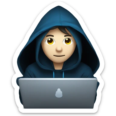 Man developer behind his laptop with this style : Alan Walker Singer neon glowing bright blue character blue black hooded hacker themed character sticker