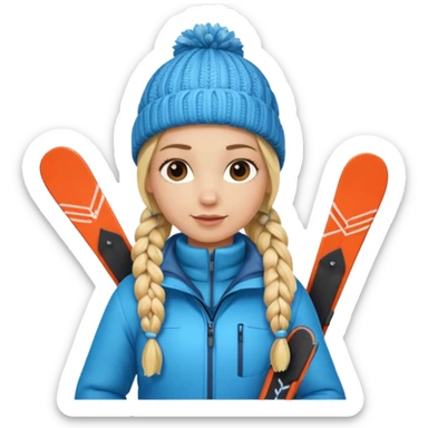 Blonde girl with braids with winter gear and skis on sticker