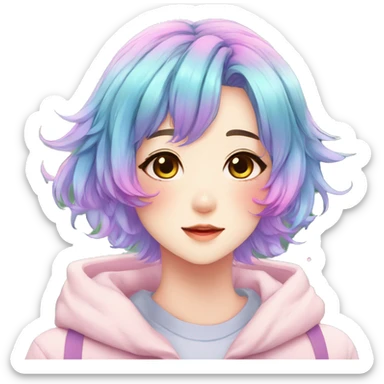 Gorgeous anime style shojo character with blushing face aesthetic and pretty colorful shiny gradient pastel hair with hair garment trending style sticker