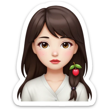 “japanese style Emoji brunette girl long hair with side bangs white top, dewy skin, heavy blush across cheeks and nose bridge, glossy cherry lips, soft eyeliner, teary sparkling eyes sticker