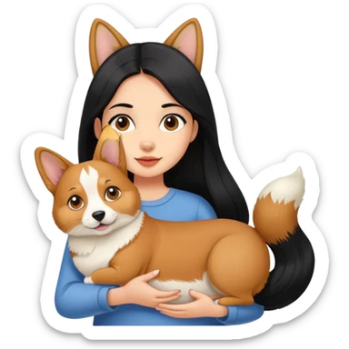 The girl with long black hair holding a corgi and a Abyssinian cat sticker