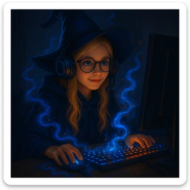 Make the girl wizard have blond hair, blue eyes, and a dark blue outfit. She is a gamer sitting in front of a computer with glowing magical effects, wearing a wizard robe and gamer accessories. Emphasize the magical and gaming elements. sticker