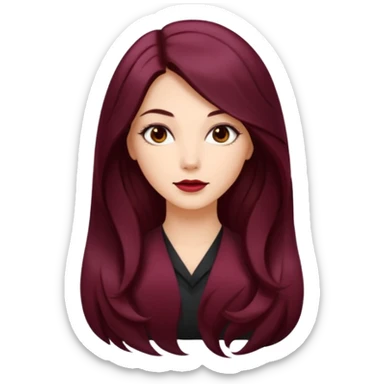 young glamorous woman 
Long waist-long hair
hair parted in the centre of her face
slightly wavy
dark burgundy hair 
 sticker