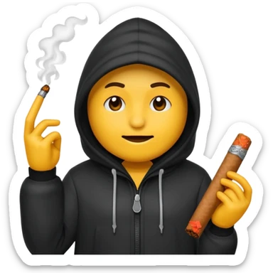 Tu peux créer un emoji d'un cagoule noir qui fumé un cigare qui me le doigt comme ça 🫵🏾 sticker