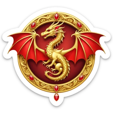 Golden Dragon with wings crest/brosch in a circle with red gems sticker