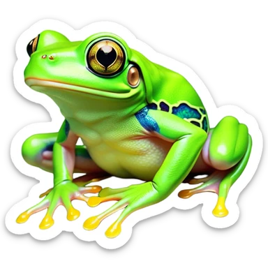 Cinematic Noble Green Tree Frog Portrait Emoji, Poised and alert, with a compact, vibrant body clad in bright, glossy green skin accented by delicate, sticky toe pads and large, bulging, observant eyes, Simplified yet sharp and sophisticated features, highly detailed, glowing with a soft, verdant luminescence, high shine, intelligent and sprightly, stylized with an air of tropical elegance, focused and attentive, soft glowing outline, capturing the essence of a watchful and confident amphibian that appears ready to leap out of the screen with effortless agility! sticker