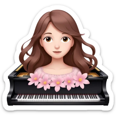 Girl with long brown hair surrounded by soft piano notes and floating petals elegant cute pale pink  sticker