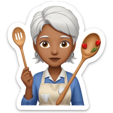 woman, brown skin, white hair, with apron sticker