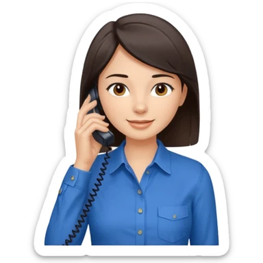 generate a pretty fair bratz girl with dark brown eyes. Dark brown hair straight short hair. tight blue button up shirt with top shirt open.  Talking on the phne sticker