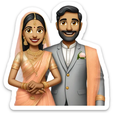 south indian wedding caricature of bride wearing peach colour lehenga and groom wearing Grey coloured tuxedo sticker