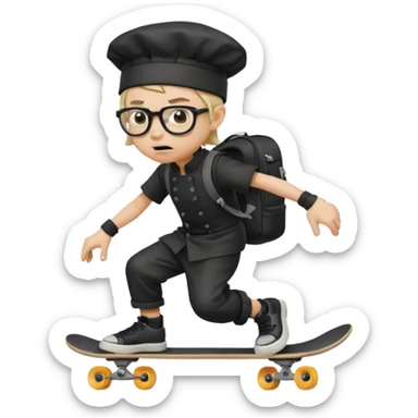 ["An angry boy with light skin, ponytail, wearing a chef hat and square glasses, dressed in goth fashion, is skateboarding while holding a backpack."] sticker