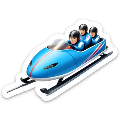 An icon featuring a sleek bobsled with athletes racing down an icy track at high speed, helmets on and bodies aligned for aerodynamics. The scene is set in a stunning snowy mountain valley with pine trees, spectators, and crisp blue sky. Transparent background captures the thrill of bobsleigh. sticker
