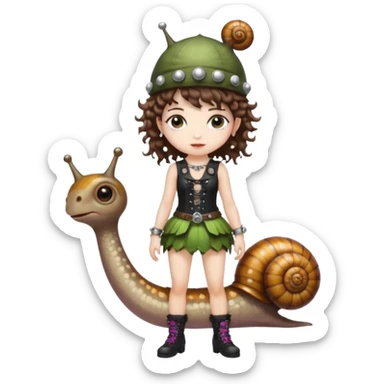 full body woman short curly brown mullet hair brown eyes white skin wearing punk fairy outfit and snail shell hat sticker