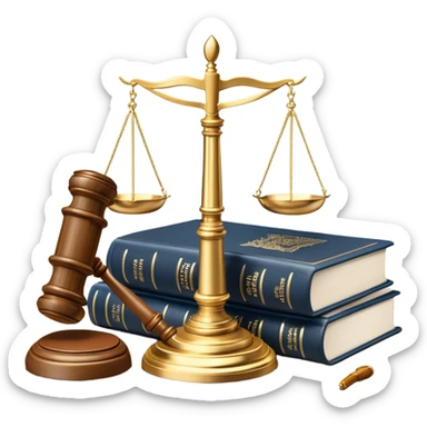 An icon featuring scales of justice, a gavel, and a legal book, symbolizing the study of law. The design includes courthouse pillars in the background, representing authority and legal systems. Transparent background highlights the principles of justice, order, and legal education. sticker