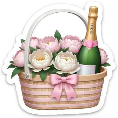 White Picnic basket with light pink bow and white peonies and a pink champage bottle inside sticker