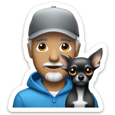 Man with blue eyes grey hair and grey goatee, wearing ball cap, holding long hair black chihuahua sticker