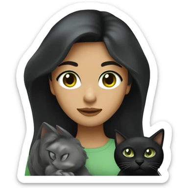 A  light Hispanic woman with  long black hair holding a Dark graycat with light green eyes sticker