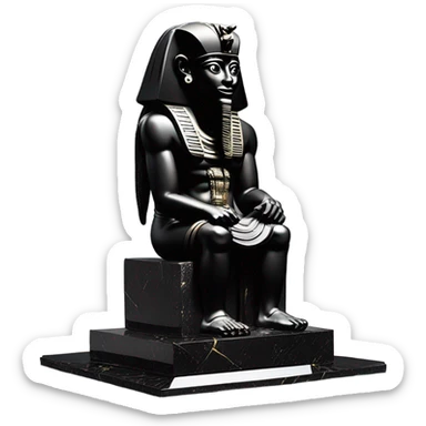 Osiris crook and flail obsidian statue on granite 30 ton brick, massive size, sunlight behind, sunset colors, reflections on black stone polished clean perfect, photography angles sticker
