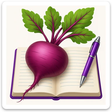 Adjust the image so that the beetroot, the notebook, and the pen are seen from the front, maintaining the emoji style and the composition of the original image. sticker