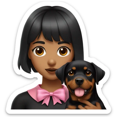 White 22 year old women with brown eyes and black medium length hair with bangs holding a Rottweiler with a pink bow around the dogs neck  sticker