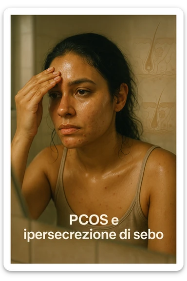 A realistic, cinematic portrait of a young woman in her late 20s with medium skin tone, sitting in front of a mirror in a softly lit bathroom. Her facial skin appears oily with a noticeable shine on her forehead, nose, and cheeks due to overactive sebaceous glands caused by PCOS. Small acne spots are visible along her jawline and chin, highlighting hormonal imbalance. She gently touches her forehead with her fingertips, checking the oiliness with a slightly concerned expression. Her dark hair is tied loosely, showing a few strands sticking to the sides of her face because of excess sebum. Subtle overlays of scientific diagrams of sebaceous glands can be softly blended into the background, symbolizing the overproduction of sebum. The atmosphere is clean and realistic, with warm daylight tones and a soft depth of field, ensuring emotional connection while maintaining medical educational value. 35mm film style, highly detailed skin texture and reflections on the oily areas for a hyperrealistic effect in italiano sticker