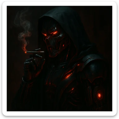a sith lord with cybernetic enhancements, smoking a joint, glowing red accents, dark and moody atmosphere sticker