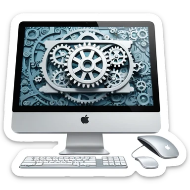 iMac computer with gears on the screen sticker