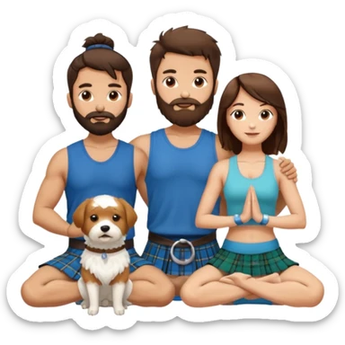emoji of brunette man with beard wearing kilt, brunette woman in yoga outfit and one white fluffy dog sticker