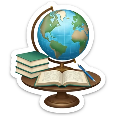 Create an emoji representing language translation. The design should feature just one globe in the background, symbolizing international communication. In front of the globe, place two opened books with texts on them and a pen nearby to indicate the act of writing. Use a clean and professional color palette with blues, greens, and neutral tones. Make the background transparent. sticker
