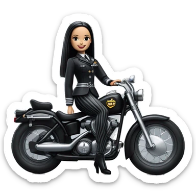 Jeffery New York Lingerie Barbie, Wednesday Addams from academy in vertically-striped dark-gray and black officer’s uniform. Leaning back at the hips, riding a wheelie on a hot rod bike smiling  sticker