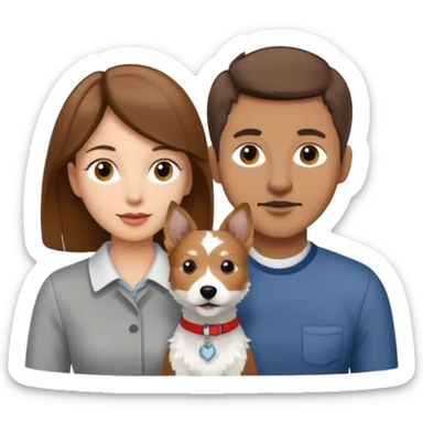 Quiero una pareja la mujer con el pelo castaño y el hombre con el color apenas moro hito con un perro Fox terrier blanco con gris  sticker