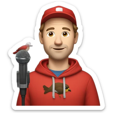 forty-something white man with brown hair, a red cap and a red hoodie holds a microphone, a bird rests on his shoulder  sticker