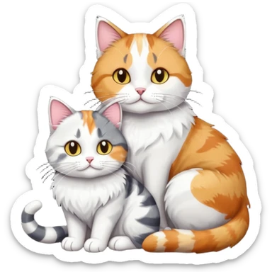 full body colourful light patched calico + white tabby cat cuddling a bigger cat that is dark grey and white tabby cat  and they are in love sticker