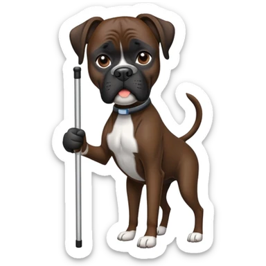 Elderly dark black boxer dog standing on hind 2 legs using one cane sticker