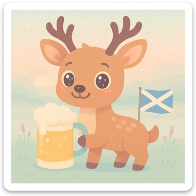 Add a Scottish flag to the scene with the cute anime-style stag deer holding a massive beer mug in a Scottish meadow at sunrise with mist. Keep the style and mood consistent in kawaii style. sticker