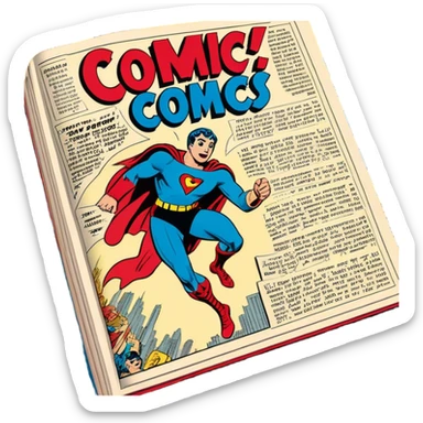 Create a vibrant emoji representing comic books and graphic novels. The design should feature a large, open comic book or vintage comic magazine with pages displaying classic comic art, with text. The comic pages should have bold, dynamic panels and action scenes. Include a pencil writing on the pages, but without a hand, to symbolize the artistic creation of comics. Use bright colors like red, blue, and yellow, with a retro feel to the design. Make the background transparent. sticker
