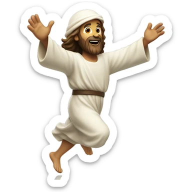Jesus running, with a large stride and arms outstretched, santa hat sticker