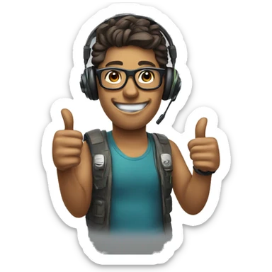 gamer with headset and mic with glasses and smile with thumbs up sticker