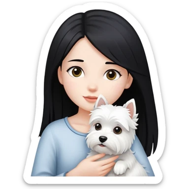 A girl with long straight black hair holding a white Westie sticker