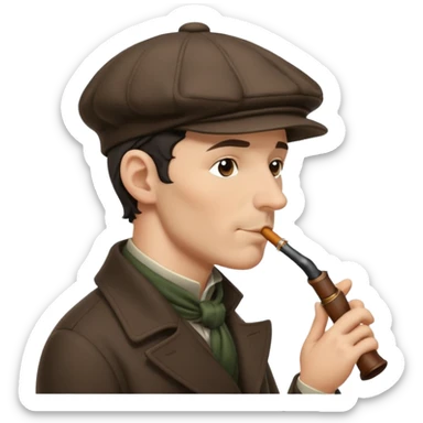 A side view of Sherlock Holmes wearing a deerstalker hat and smoking a pipe sticker