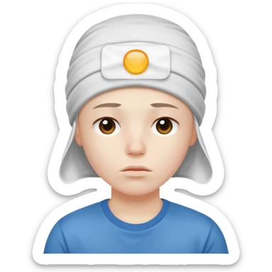 A person with headaches and a cold pack on the head sticker