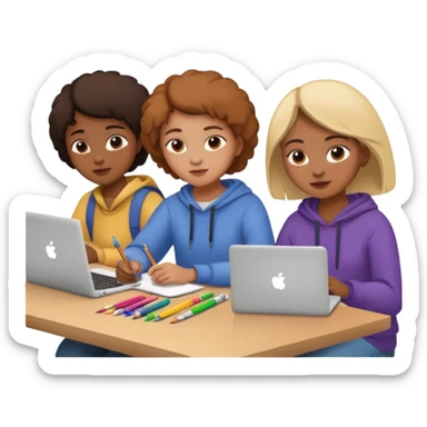 three diverse design students working on creative project with art supplies and laptops sticker