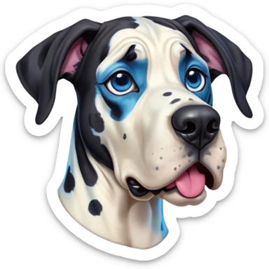 Cinematic Comical Harlequin Great Dane Portrait Emoji, Head tilted dramatically with an exaggeratedly shocked or amused expression, featuring a striking coat of predominantly white with vivid black patches, wide, expressive blue eyes filled with playful disbelief, Simplified yet hilariously expressive features, highly detailed, glowing with a slightly sassy glow, high shine, dramatic yet playful, stylized with an air of cheeky charm, bright and endearing, soft glowing outline, capturing the essence of a spirited and over-the-top guardian, so meme-worthy it feels like it could side-eye its way into internet fame instantly! sticker