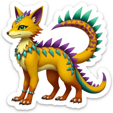 Kawaii cute reddish orangish yellowish greenish purplish exotic tribal beautiful pretty elegant divine edgy feline-vernid-sergal-Fakémon-Pokémon-Digimon-fursona-animal-creature with accessories, jewelries, full body, with intricate detailed markings, furs, fins, scales, spiny sticker